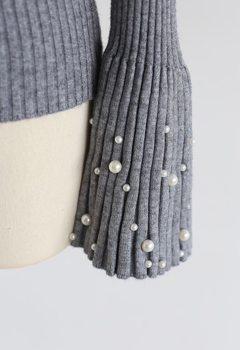Oh My Pearls Ribbed Bell Sleeves Sweater in Grey