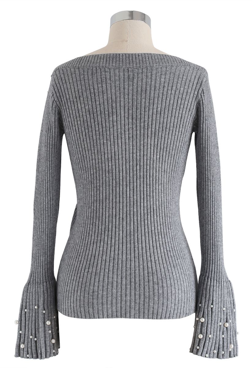 Oh My Pearls Ribbed Bell Sleeves Sweater in Grey