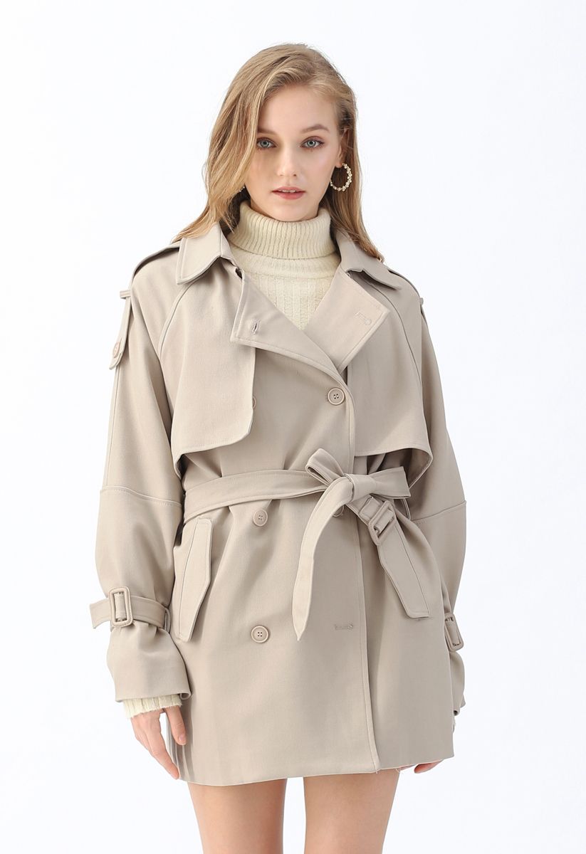 Double-Breasted Belted Pockets Coat in Sand - Retro, Indie and Unique ...