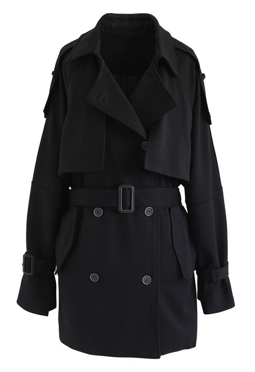 Double-Breasted Belted Pockets Coat in Black