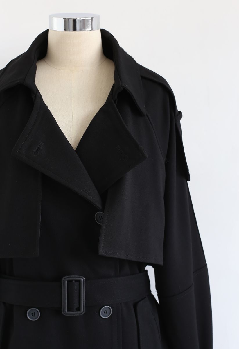 Double-Breasted Belted Pockets Coat in Black
