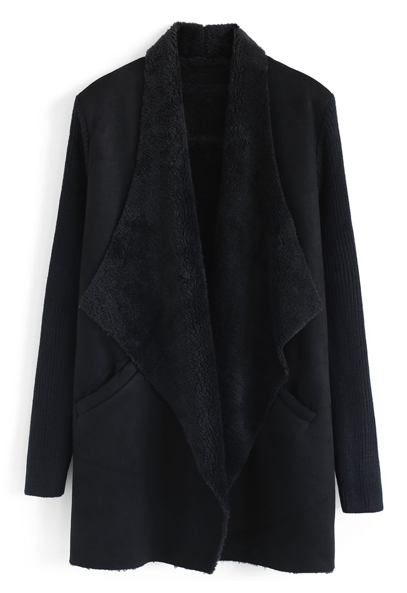 Open Front Faux Fur Suede Drape Coat in Black