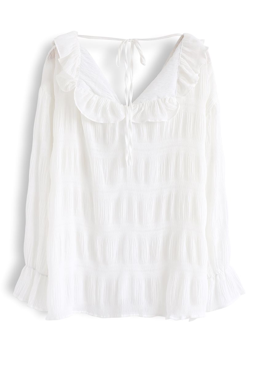 Ruffle Trim Shirred V-Neck Shirt in White - Retro, Indie and Unique Fashion