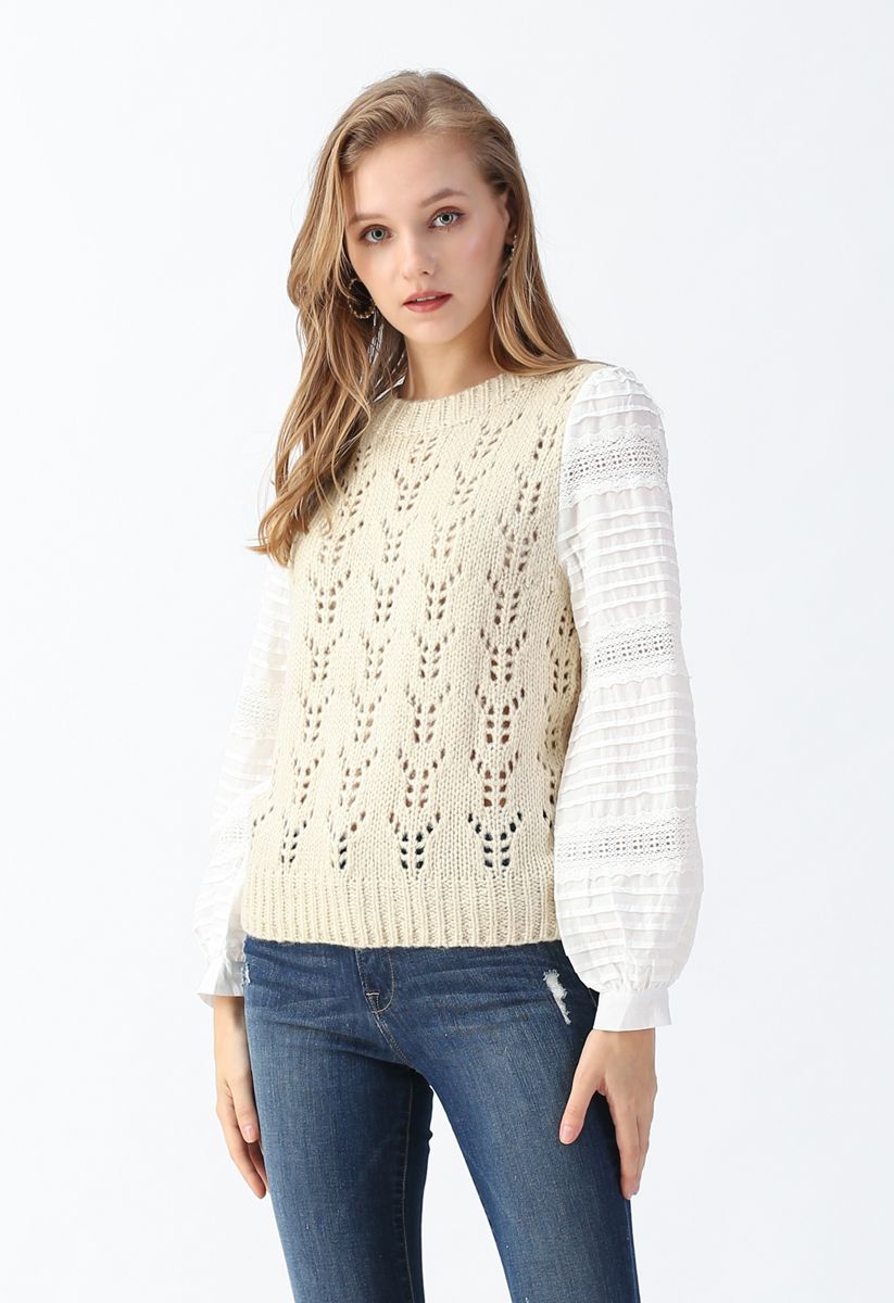Hollow Out Spliced Sleeves Knit Top in Cream