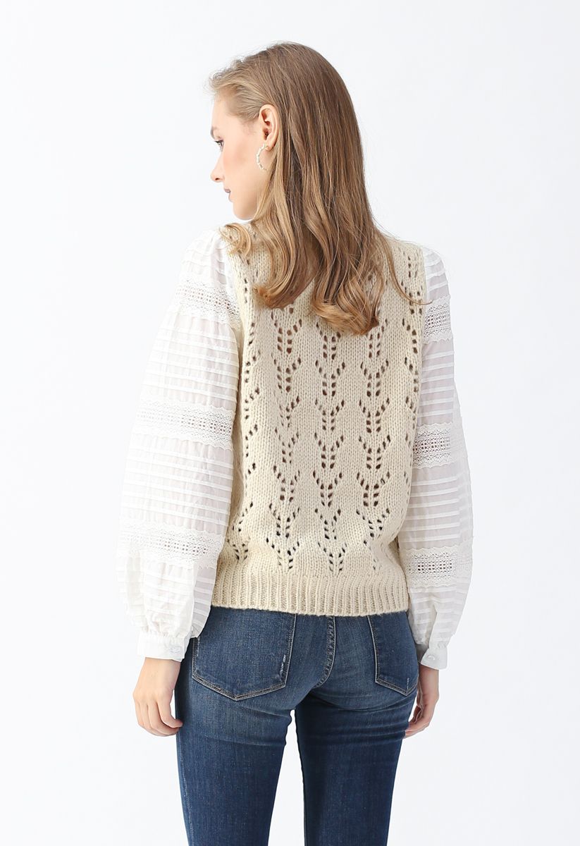 Hollow Out Spliced Sleeves Knit Top in Cream - Retro, Indie and Unique ...