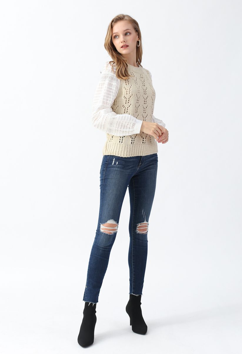Hollow Out Spliced Sleeves Knit Top in Cream