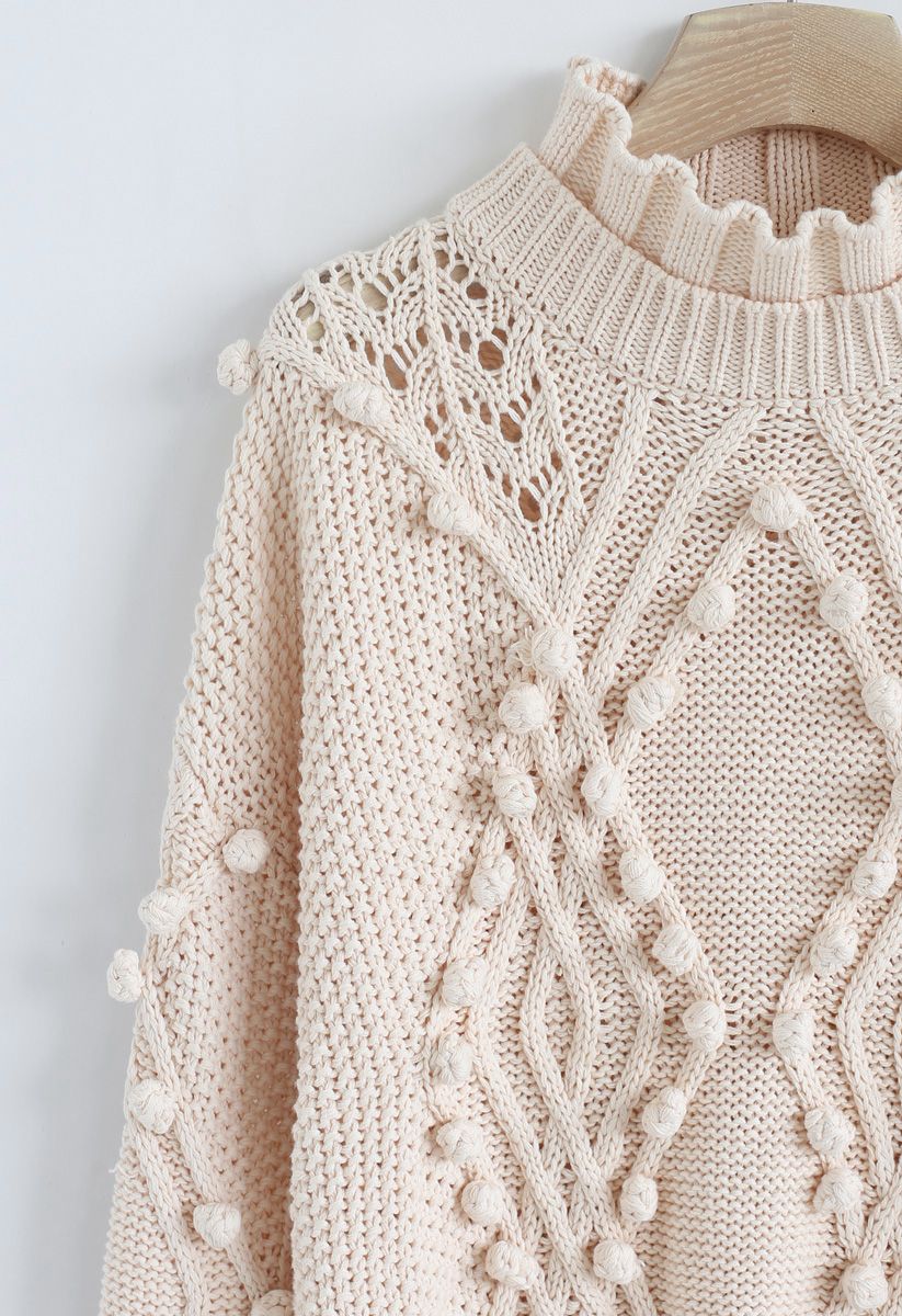 Hollow Out Pom-Pom Cable Knit Sweater in Cream - Retro, Indie and ...