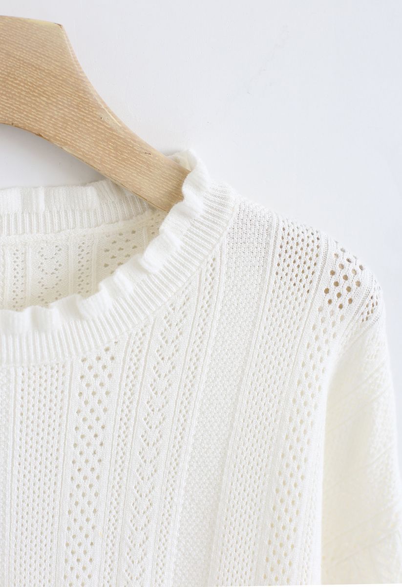 Eyelet Trim Frilling Neck Knit Sweater in White - Retro, Indie and ...