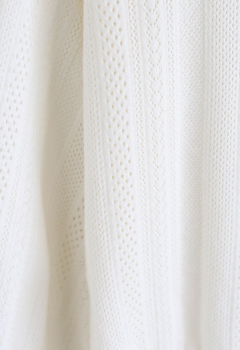 Eyelet Trim Frilling Neck Knit Sweater in White