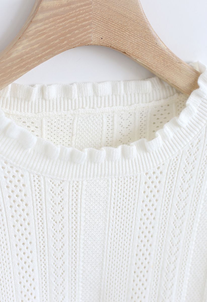 Eyelet Trim Frilling Neck Knit Sweater in White