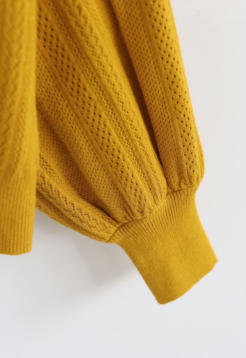 Eyelet Trim Frilling Neck Knit Sweater in Mustard