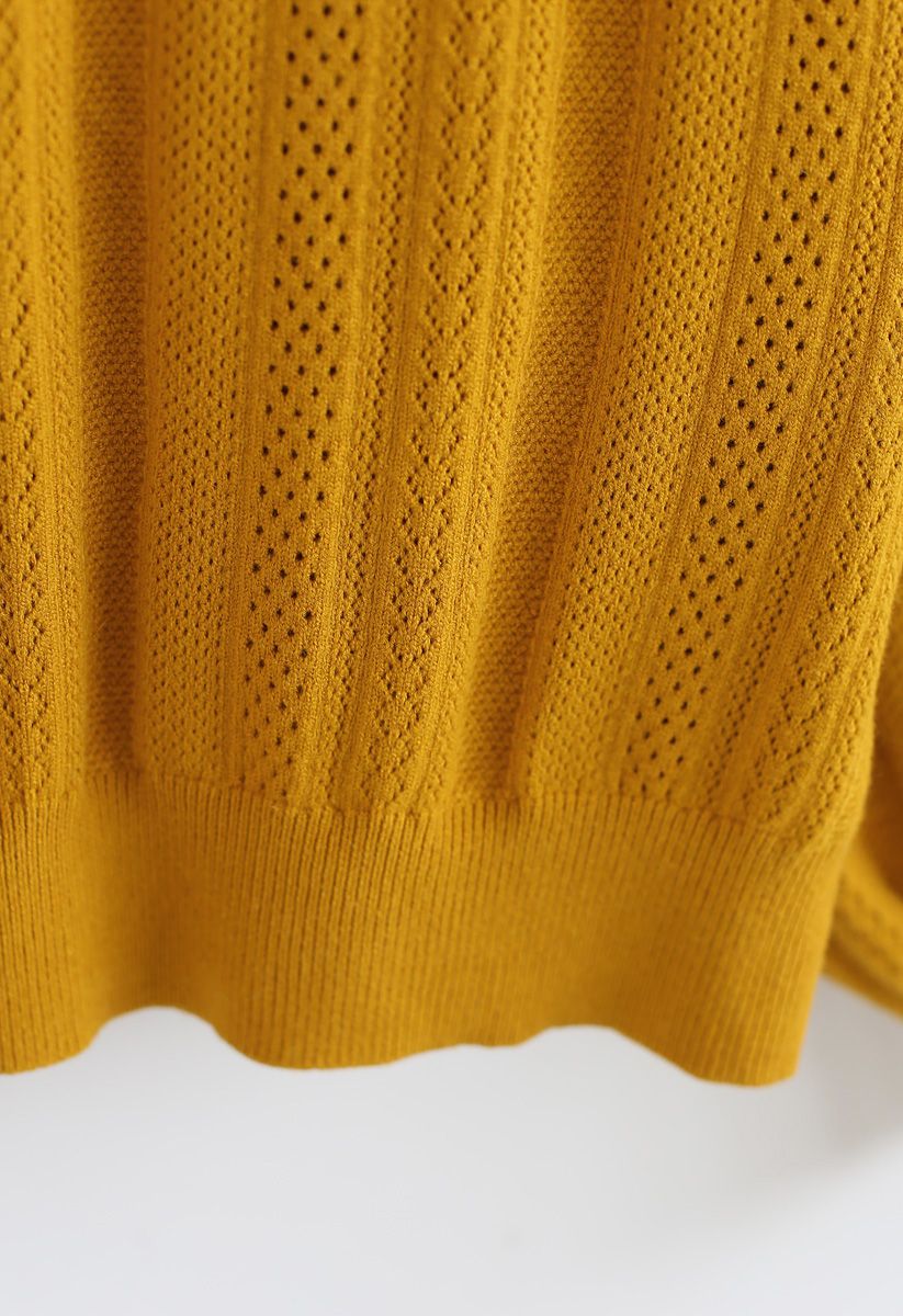 Eyelet Trim Frilling Neck Knit Sweater in Mustard