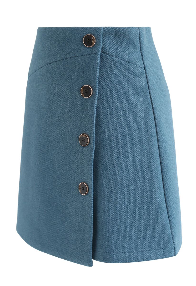 Basic Texture Button Trim Mini Skirt in Teal