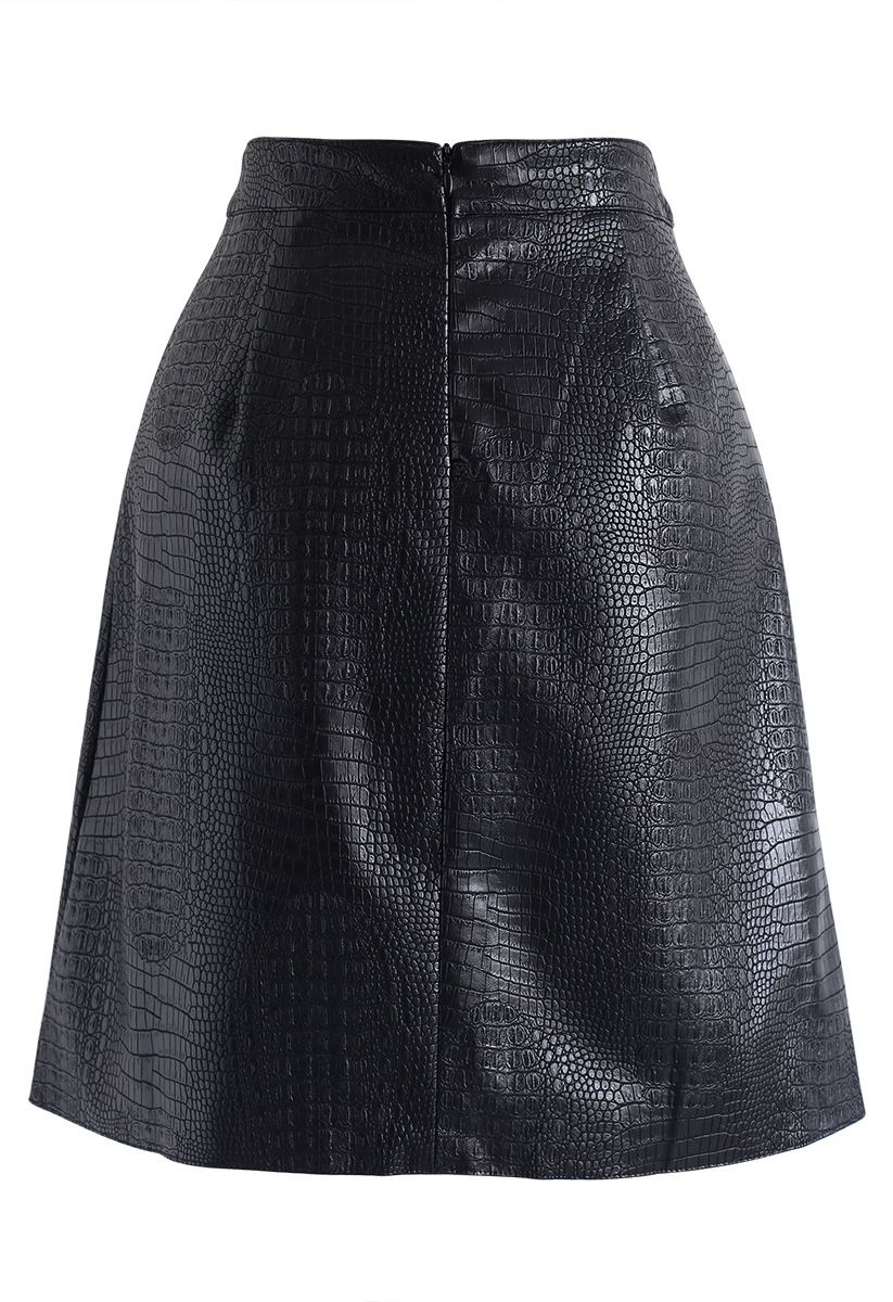 Crocodile Print Faux Leather Skirt in Black - Retro, Indie and Unique ...