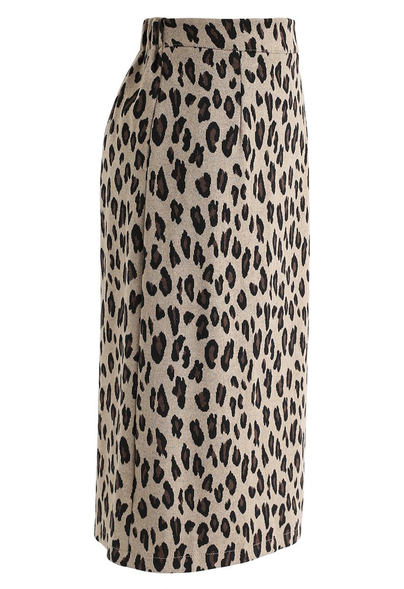 Tender Leopard Knit Pencil Midi Skirt in Tan