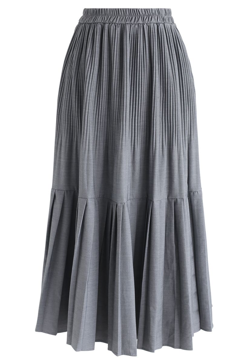 Pleated Hem A-Line Midi Skirt in Grey