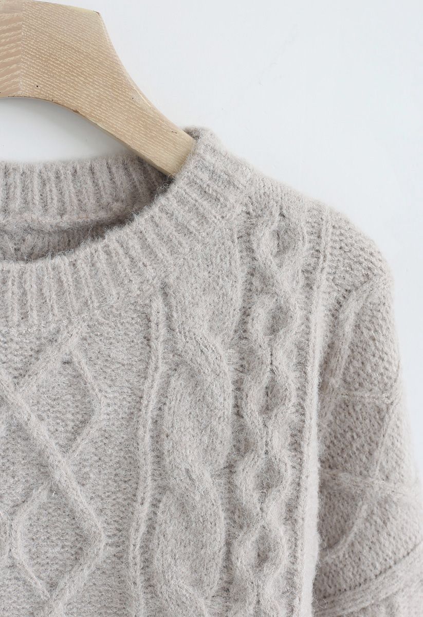 Cable Knit Fluffy Crop Sweater in Sand - Retro, Indie and Unique Fashion