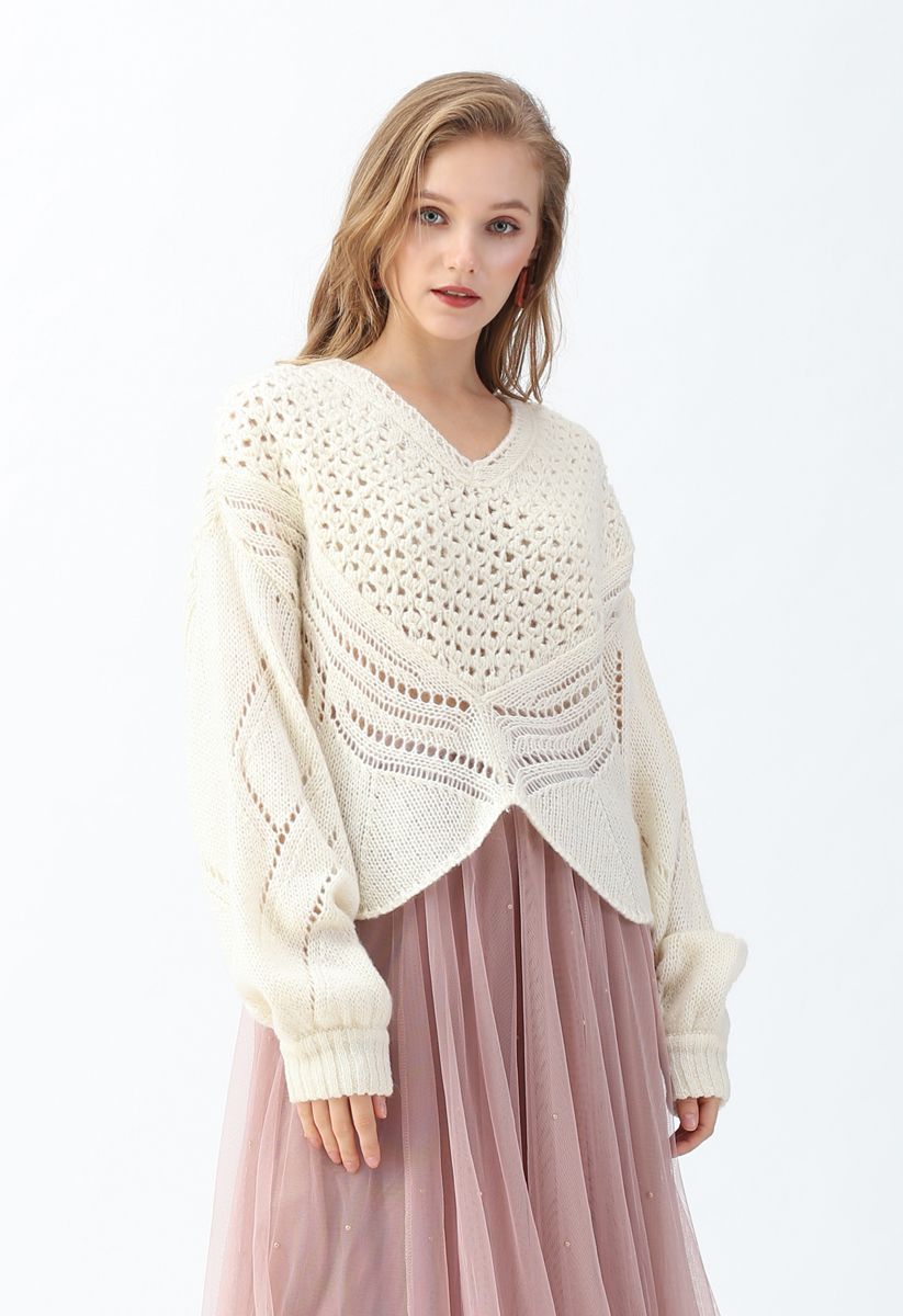 Delicacy Panelled Open Knit V-Neck Sweater in Ivory - Retro, Indie and ...
