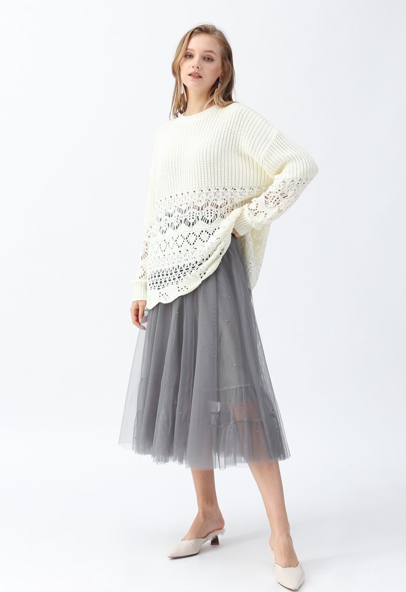 Beads Embellishment Tulle Mesh Skirt in Grey - Retro, Indie and Unique ...