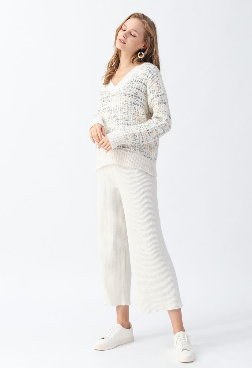 High-Waisted Wide-Leg Knit Pants in White