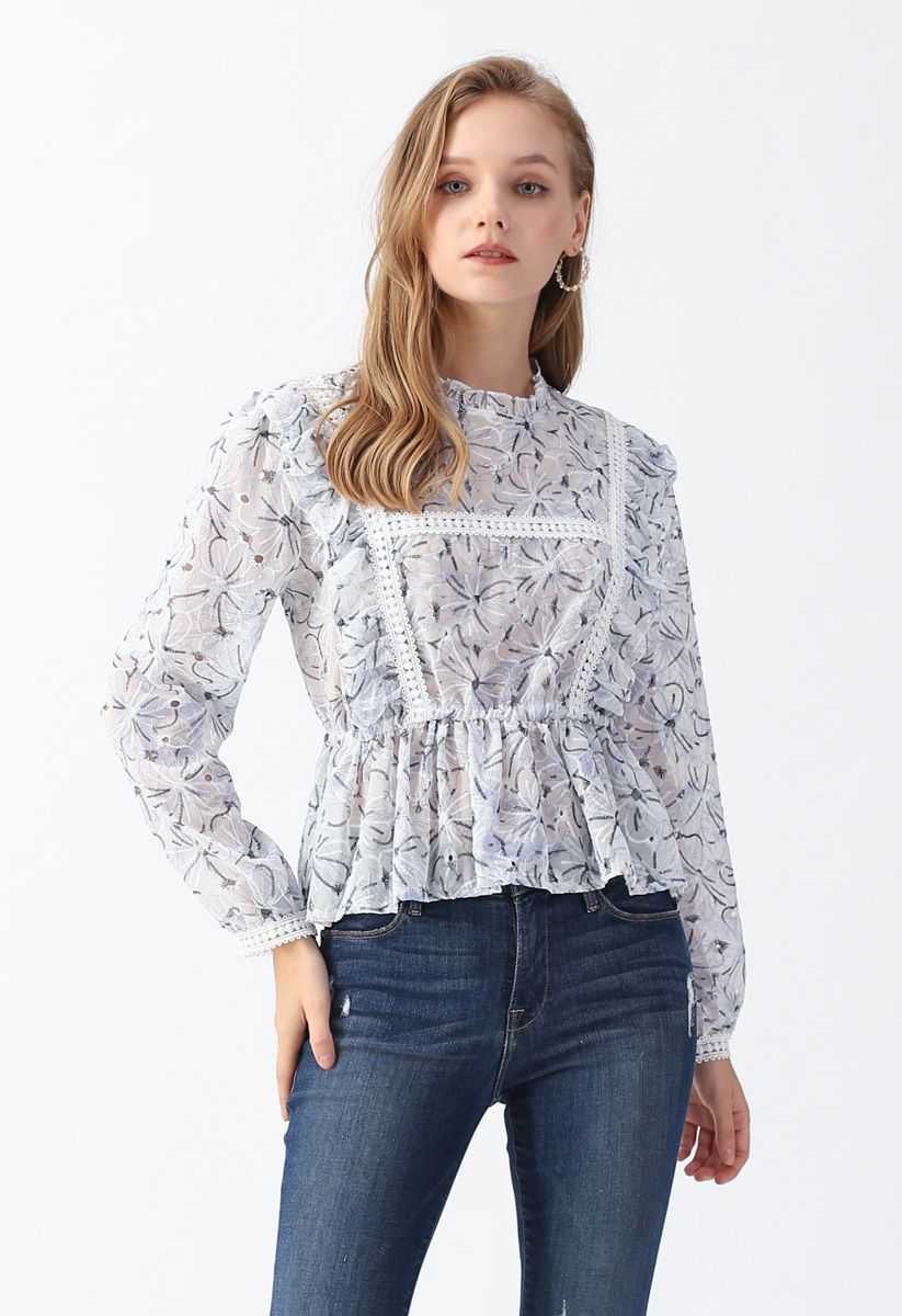 Embroidered Floral Ruffle Semi-Sheer Top - Retro, Indie and Unique Fashion
