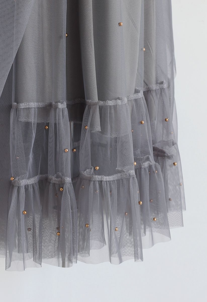 Beads Embellishment Tulle Mesh Skirt in Grey
