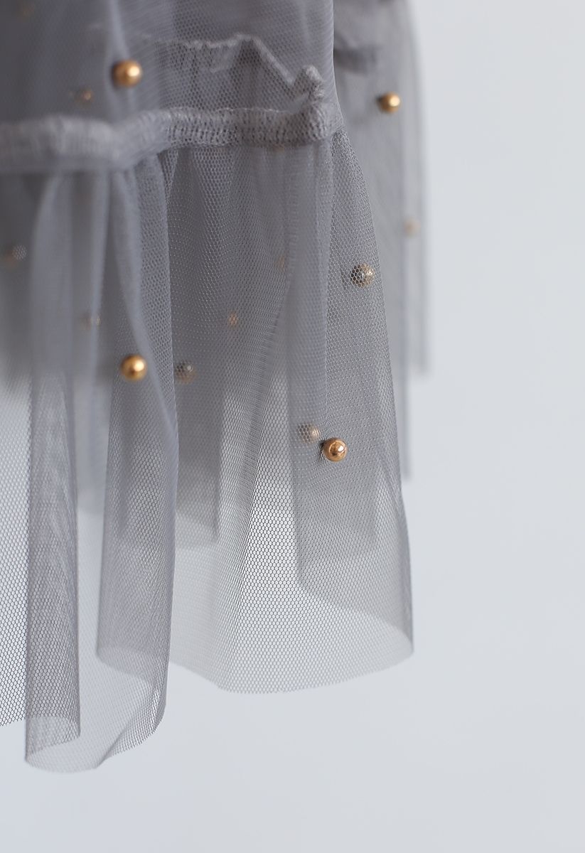 Beads Embellishment Tulle Mesh Skirt in Grey