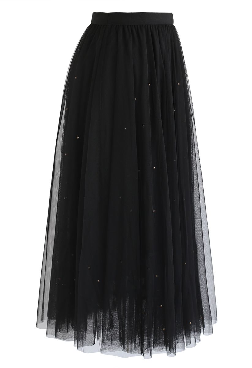 Beads Embellishment Tulle Mesh Skirt in Black 