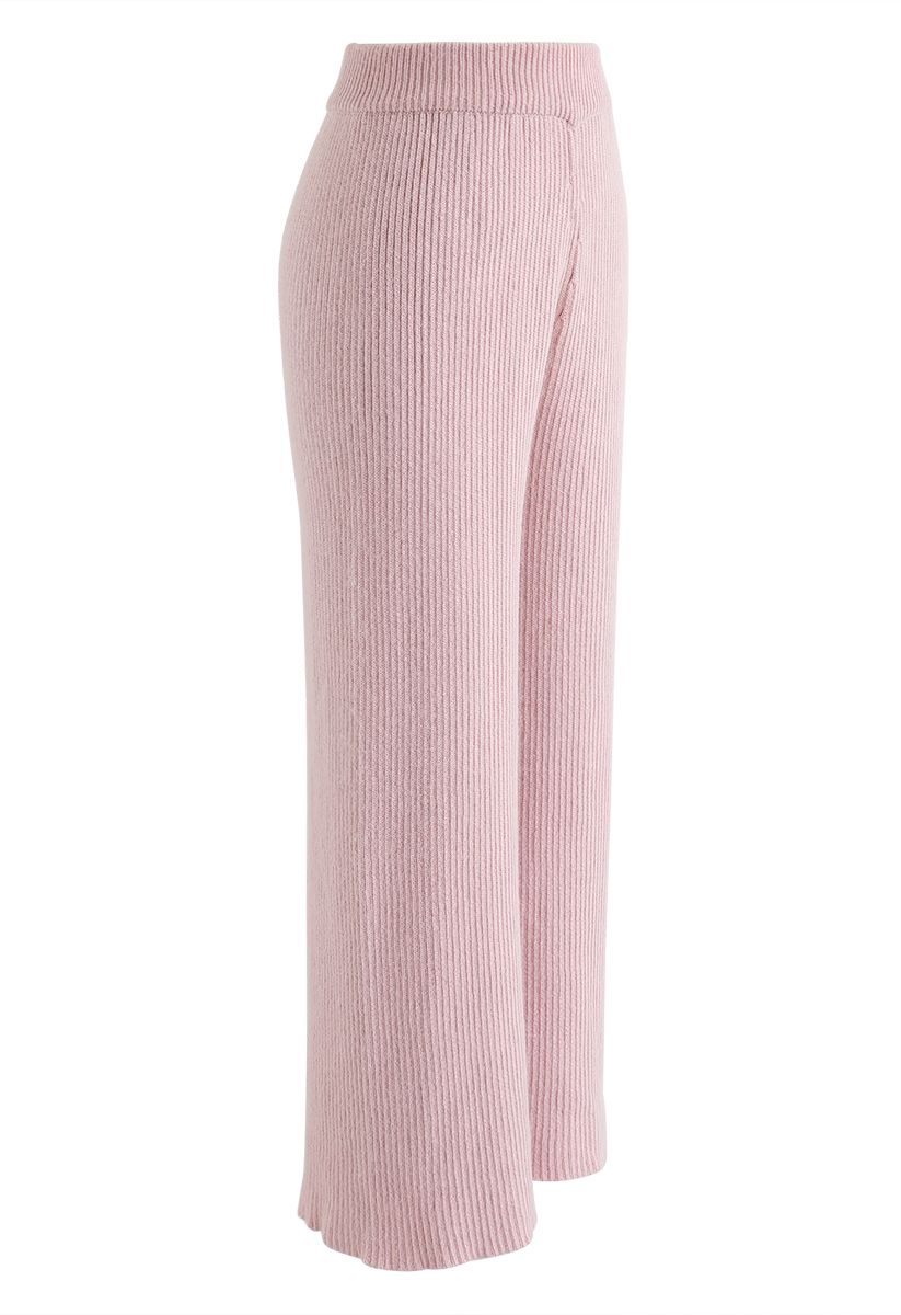 High-Waisted Wide-Leg Knit Pants in Pink - Retro, Indie and Unique Fashion
