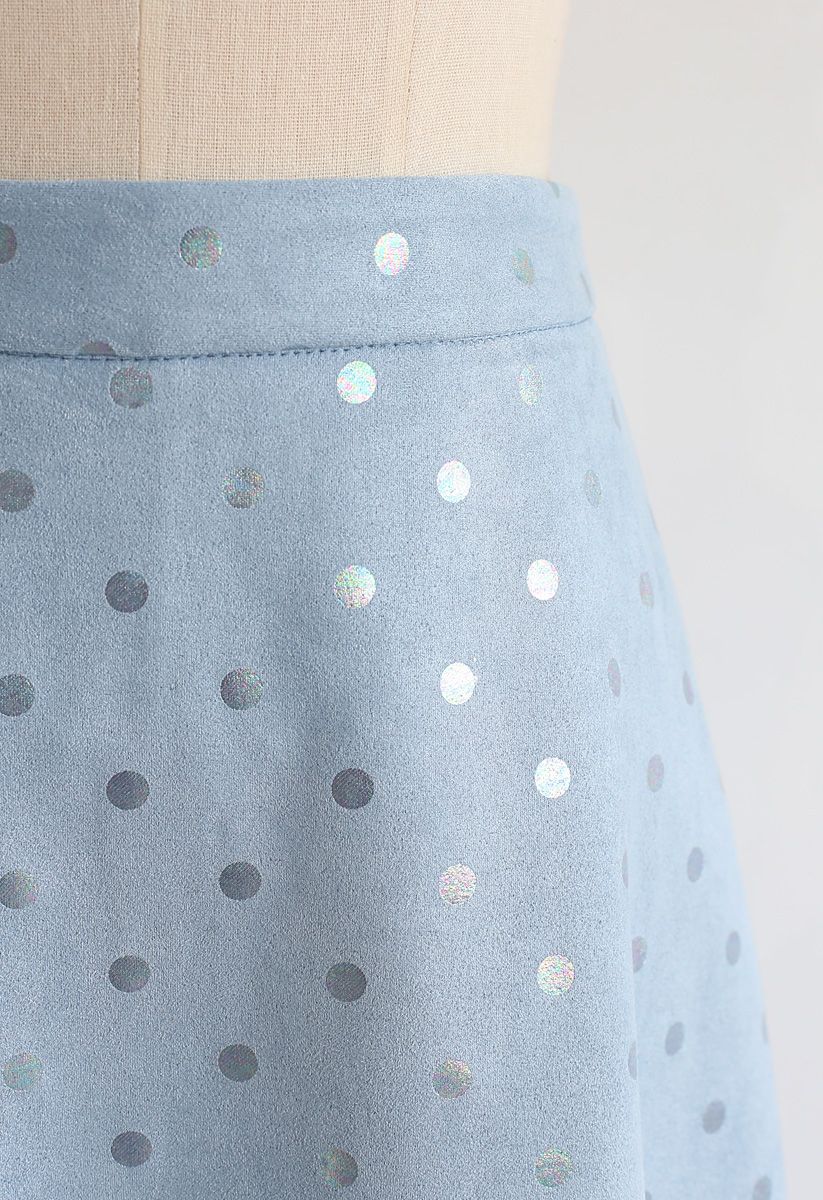 Shiny Polka Dots Faux Suede Midi Skirt in Blue