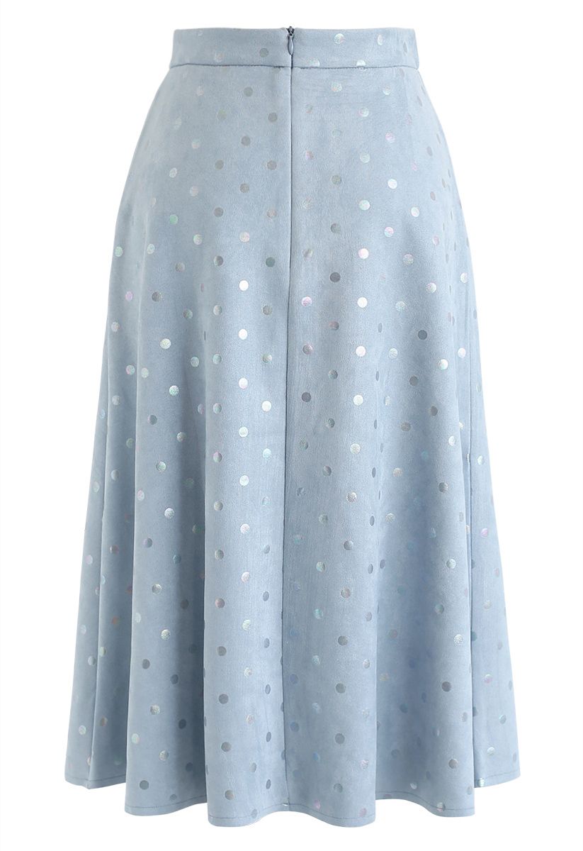Shiny Polka Dots Faux Suede Midi Skirt in Blue