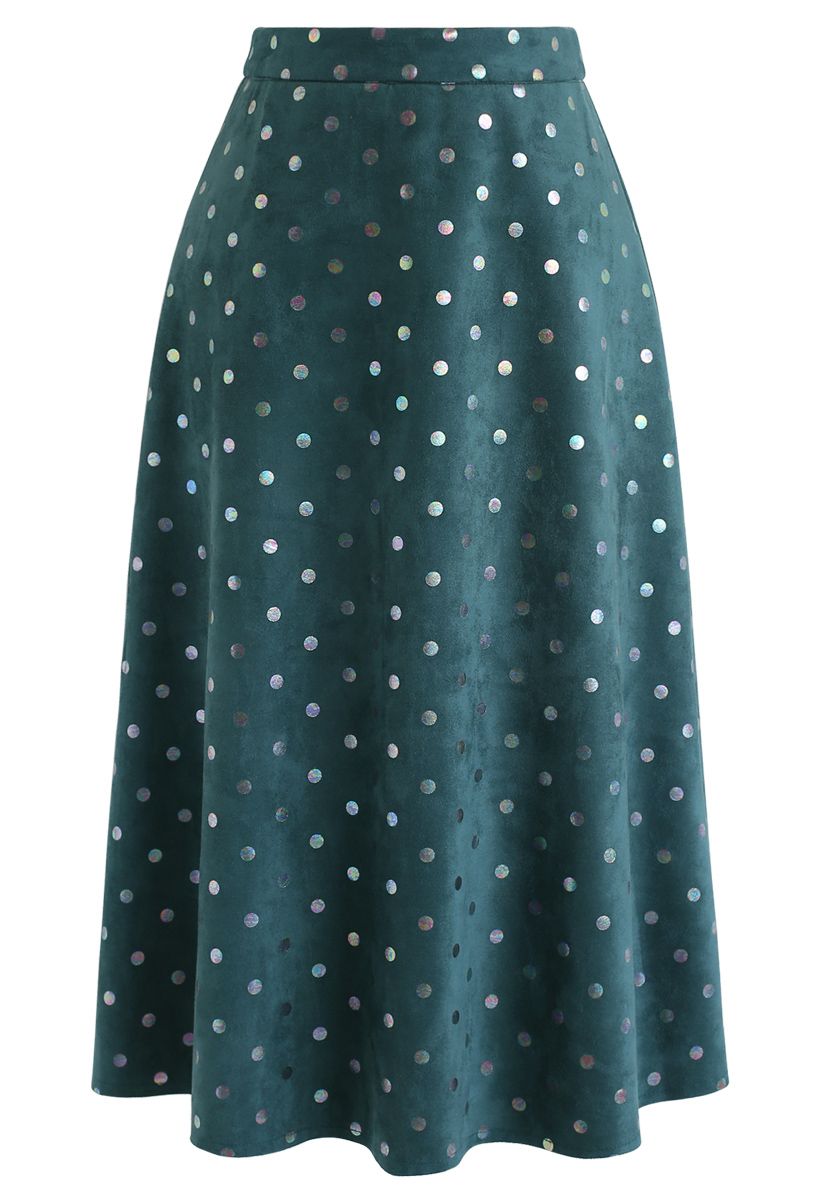 Shiny Polka Dots Faux Suede Midi Skirt in Teal