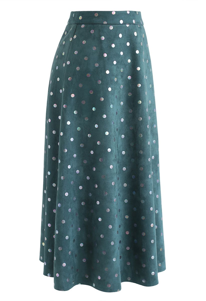 Shiny Polka Dots Faux Suede Midi Skirt in Teal