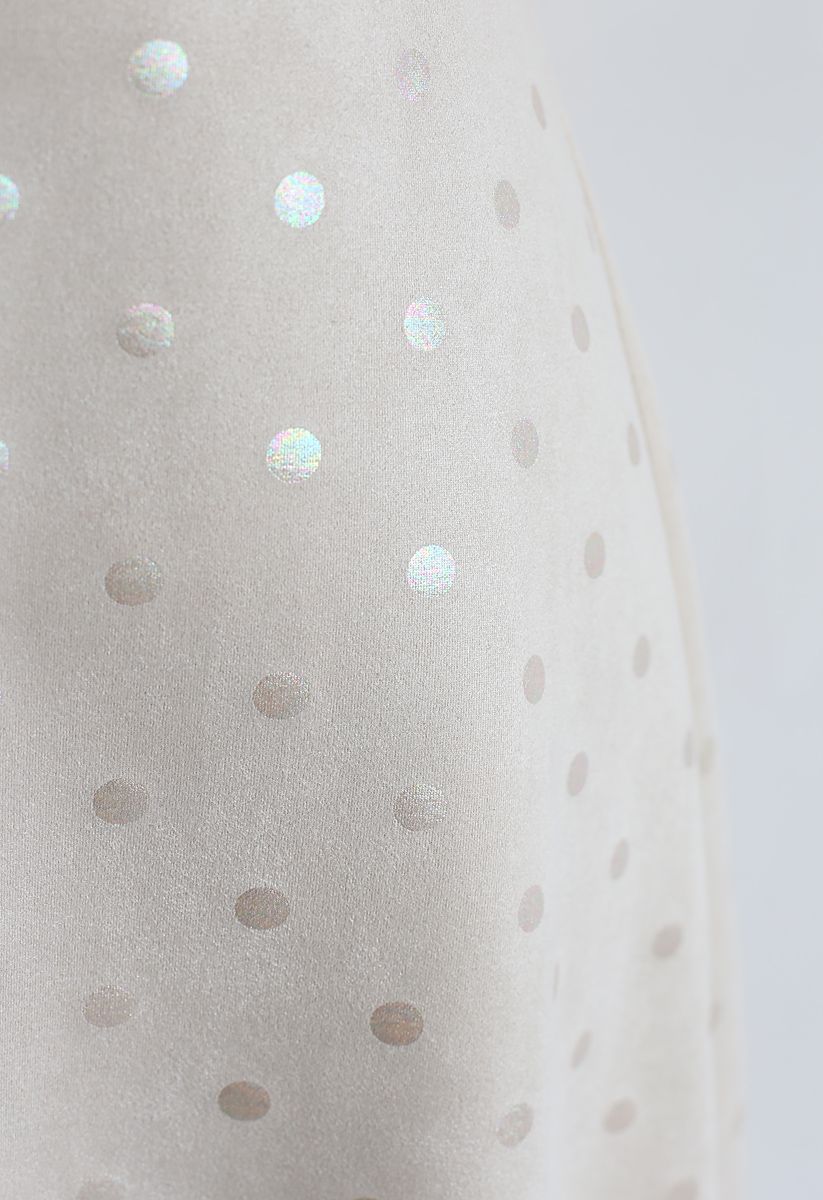 Shiny Polka Dots Faux Suede Midi Skirt in Ivory