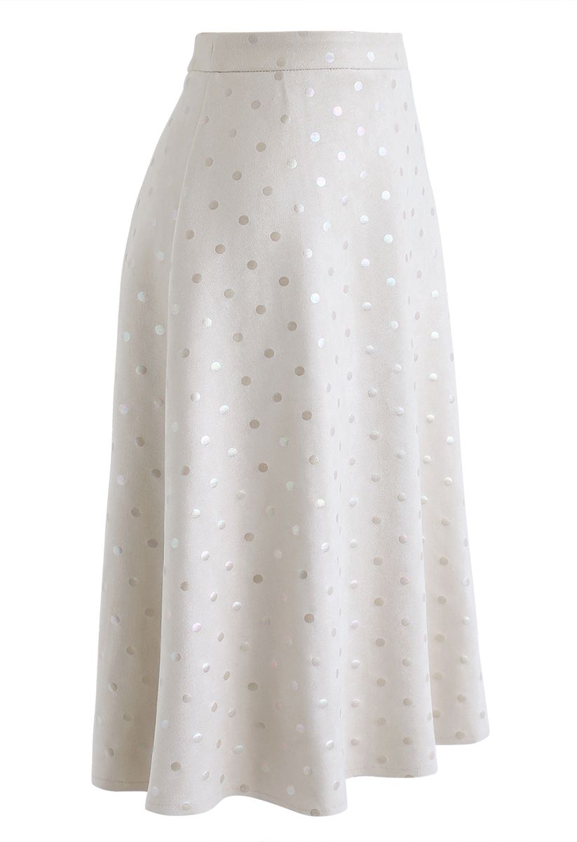 Shiny Polka Dots Faux Suede Midi Skirt in Ivory