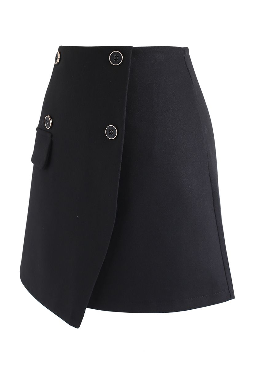Button Trim Flap Mini Skirt in Black - Retro, Indie and Unique Fashion