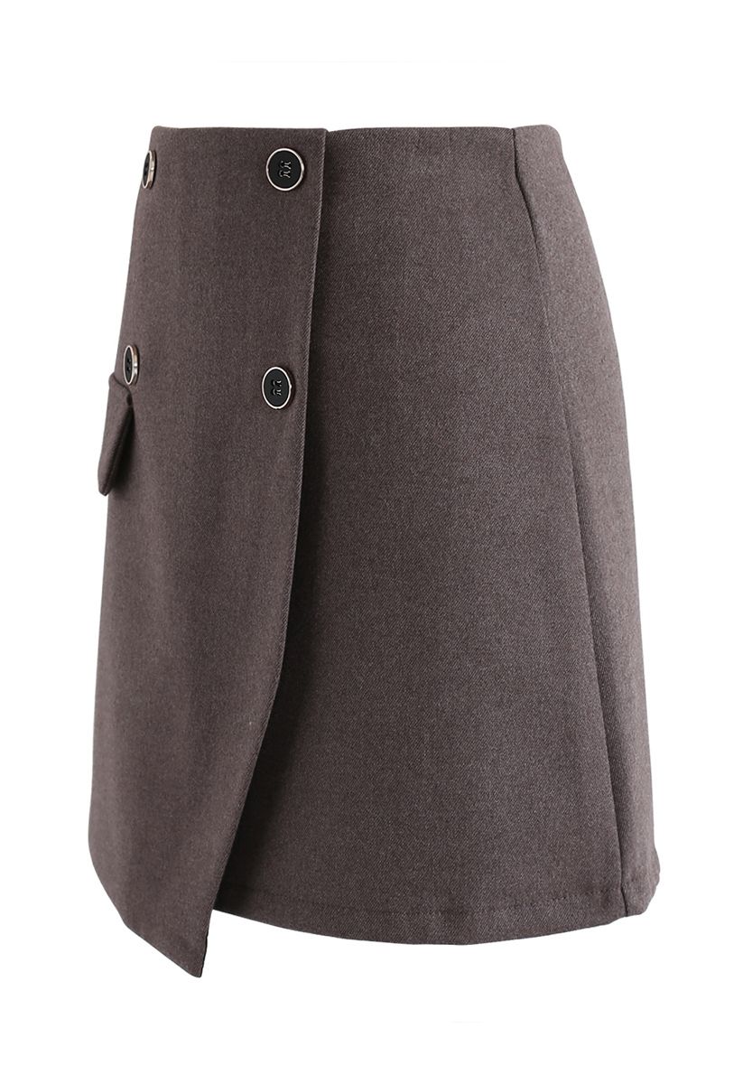 Button Trim Flap Mini Skirt in Brown