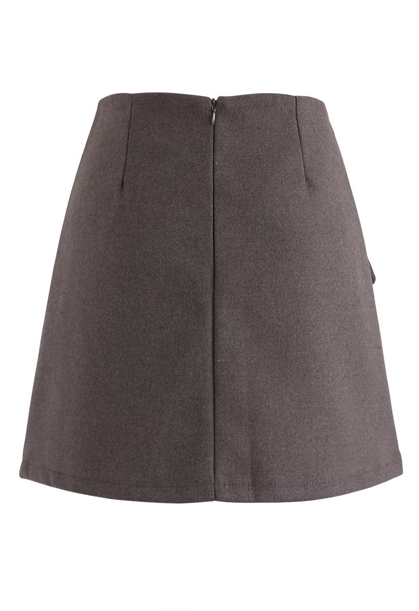 Button Trim Flap Mini Skirt in Brown