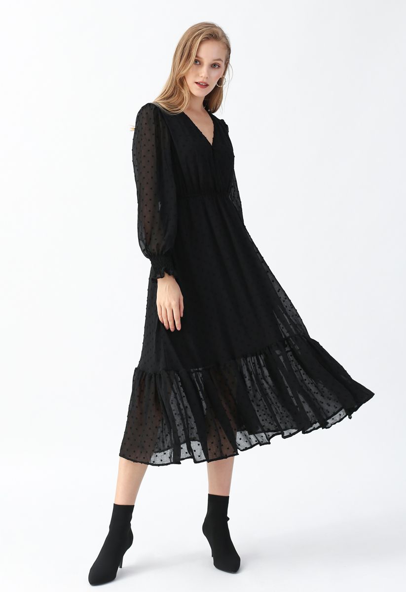Loveliness Dots Pleated Midi Dress in Black - Retro, Indie and Unique ...