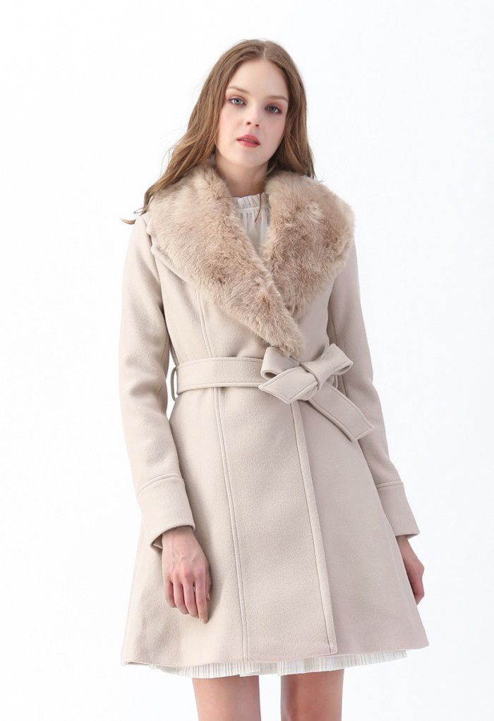 Faux Fur Collar Belted Flare Coat In, Pink Coat With Faux Fur Collar