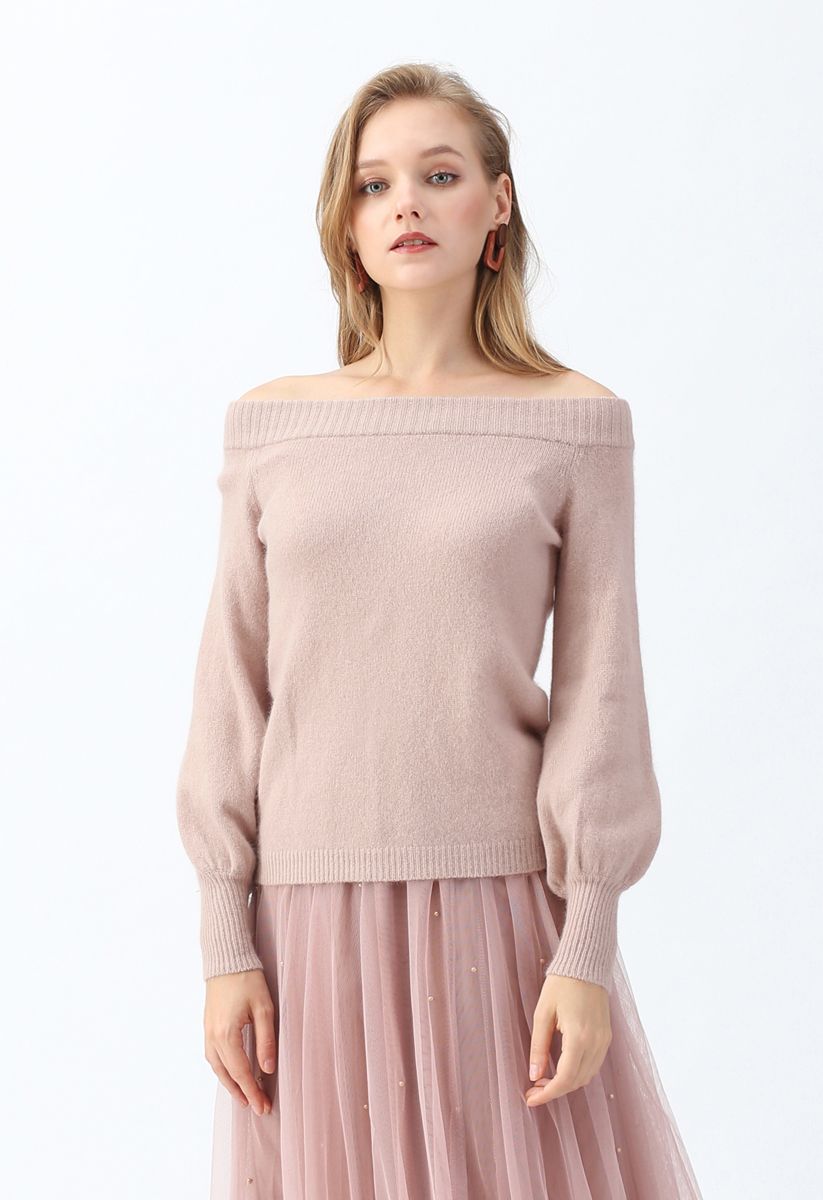Puff Sleeves Off-Shoulder Fluffy Knit Sweater in Dusty Pink - Retro ...