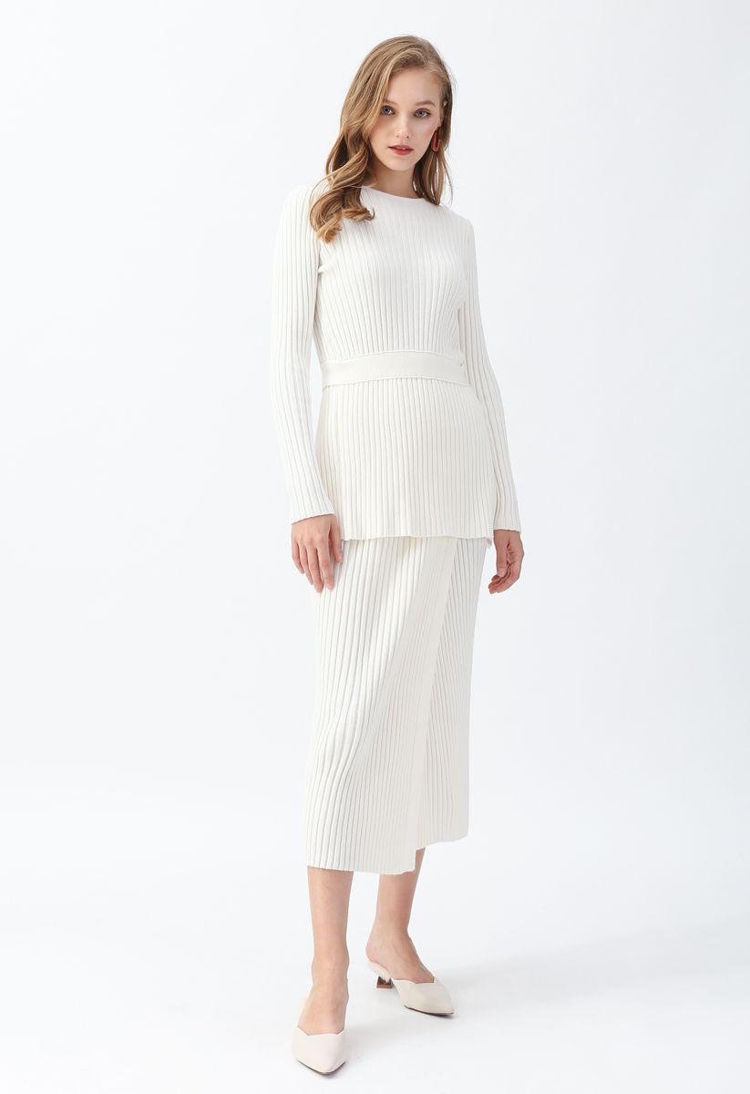 Neat Split Hem Ribbed Knit Skirt in White