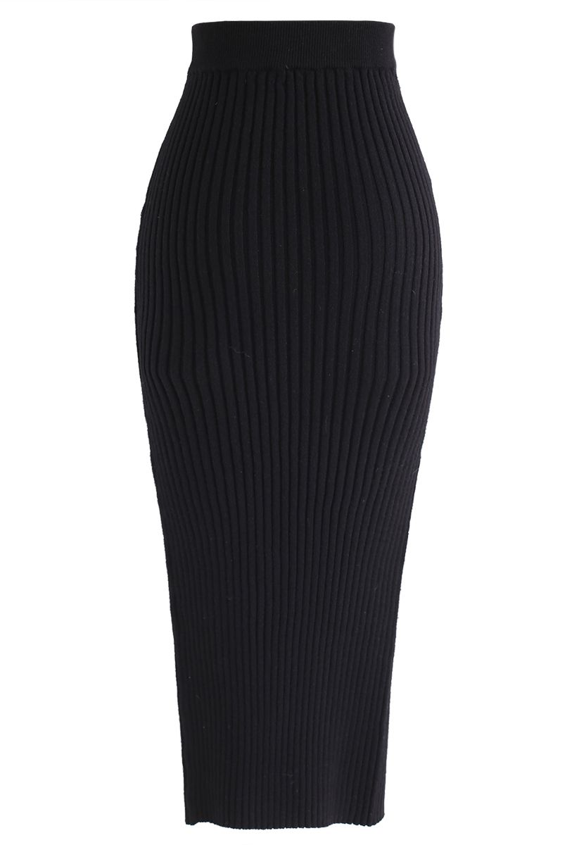 Neat Split Hem Ribbed Knit Skirt in Black - Retro, Indie and Unique Fashion