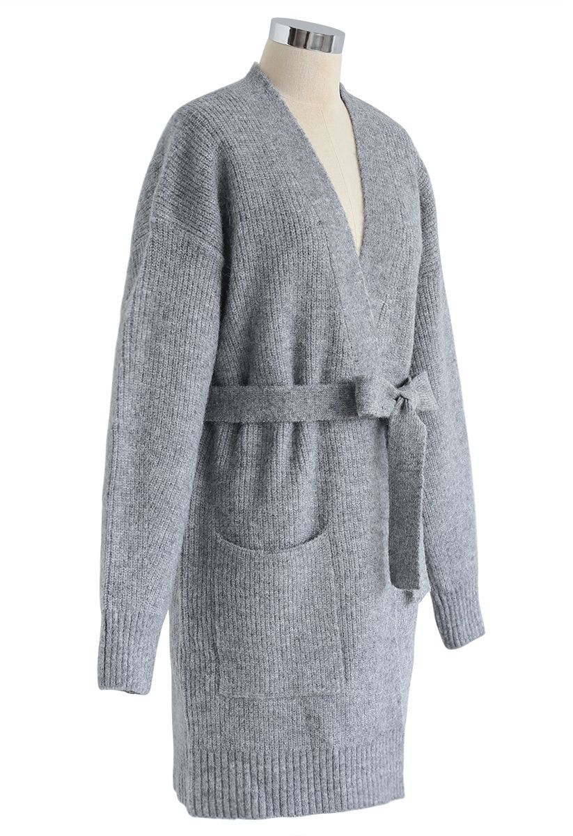 Belted Pockets Open Front Knit Cardigan in Grey - Retro, Indie and ...