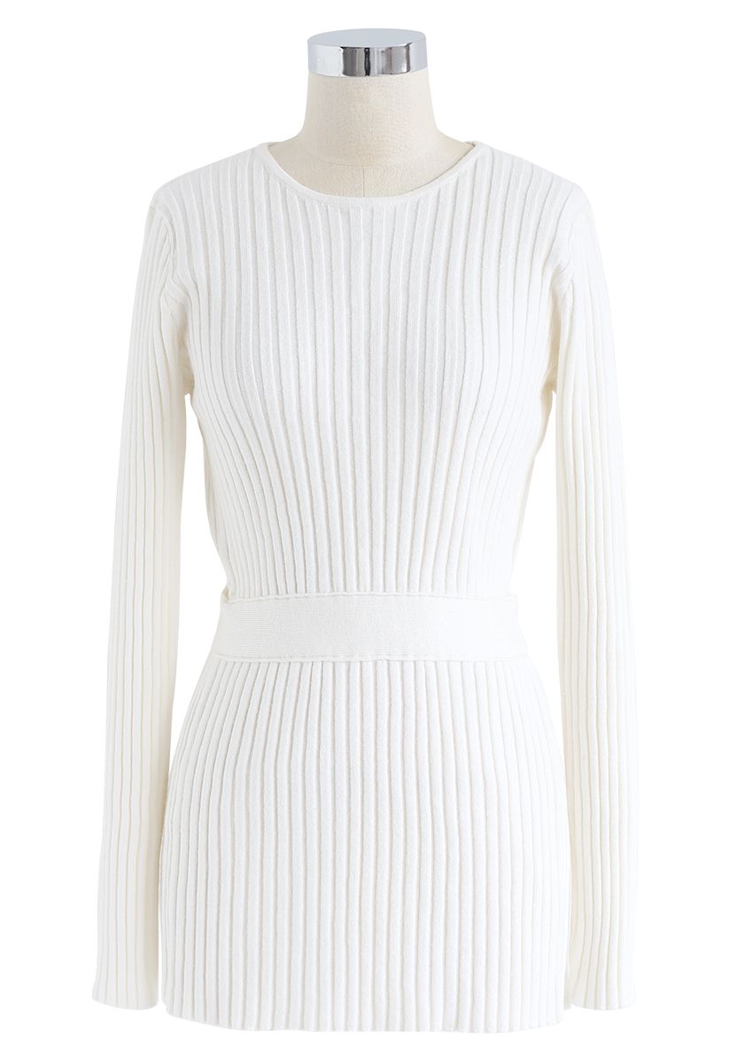 Neat Open-Back Ribbed Knit Sweater in White