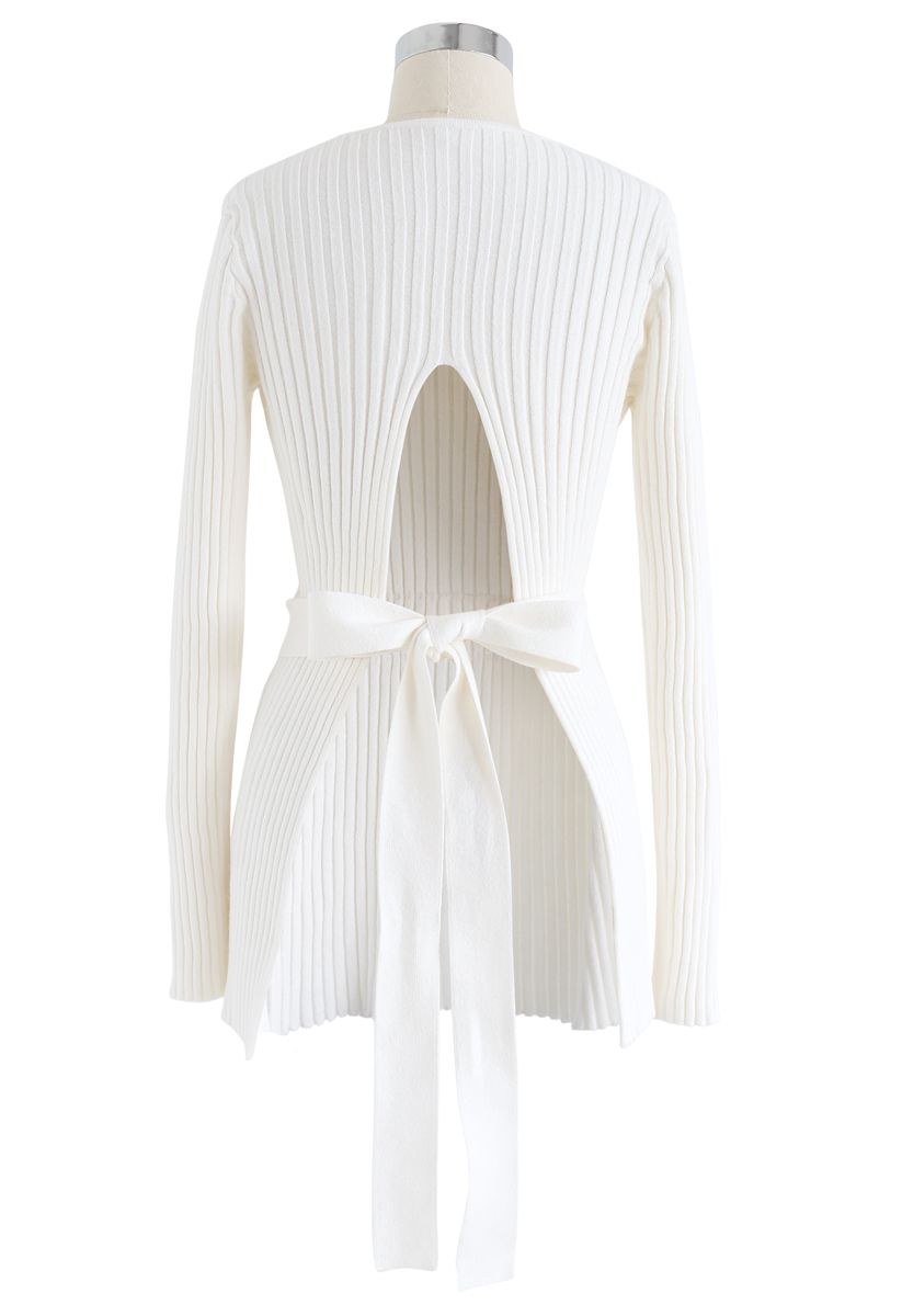 Neat Open-Back Ribbed Knit Sweater in White