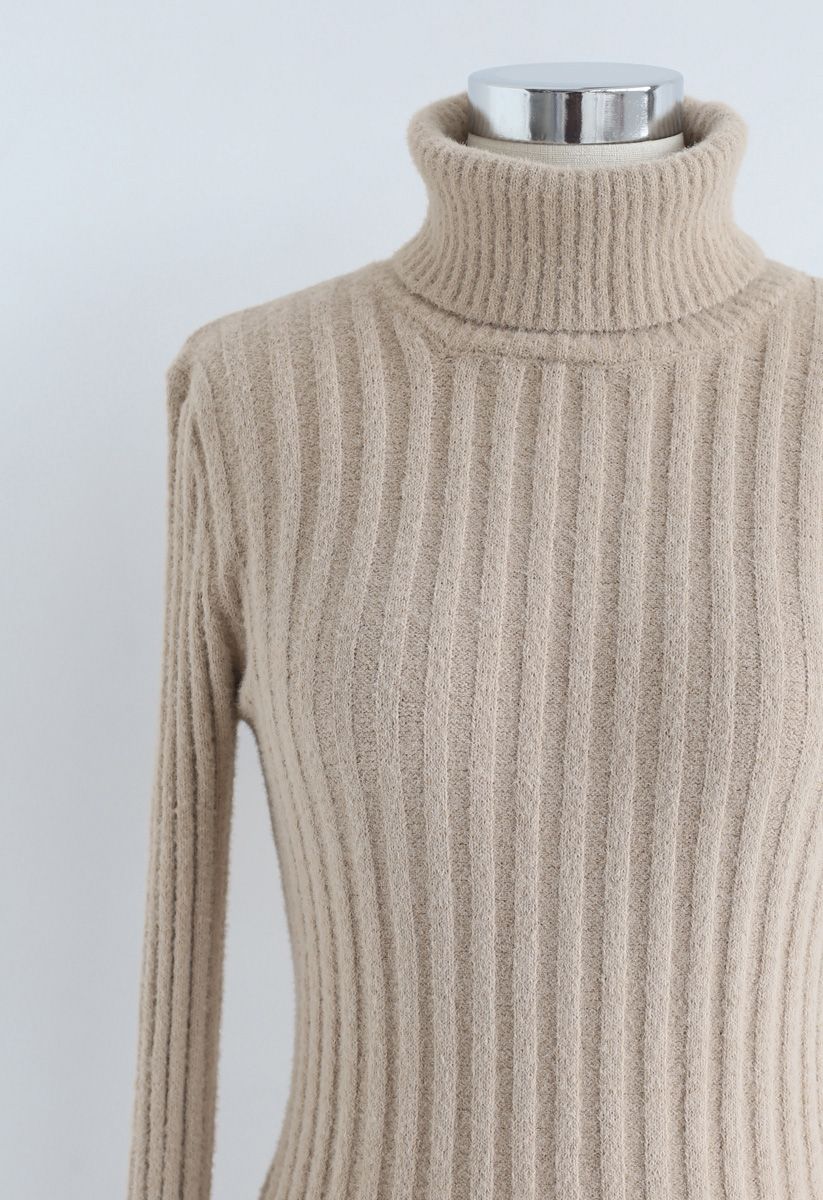 Fitted Turtleneck Fluffy Knit Sweater in Camel - Retro, Indie and ...
