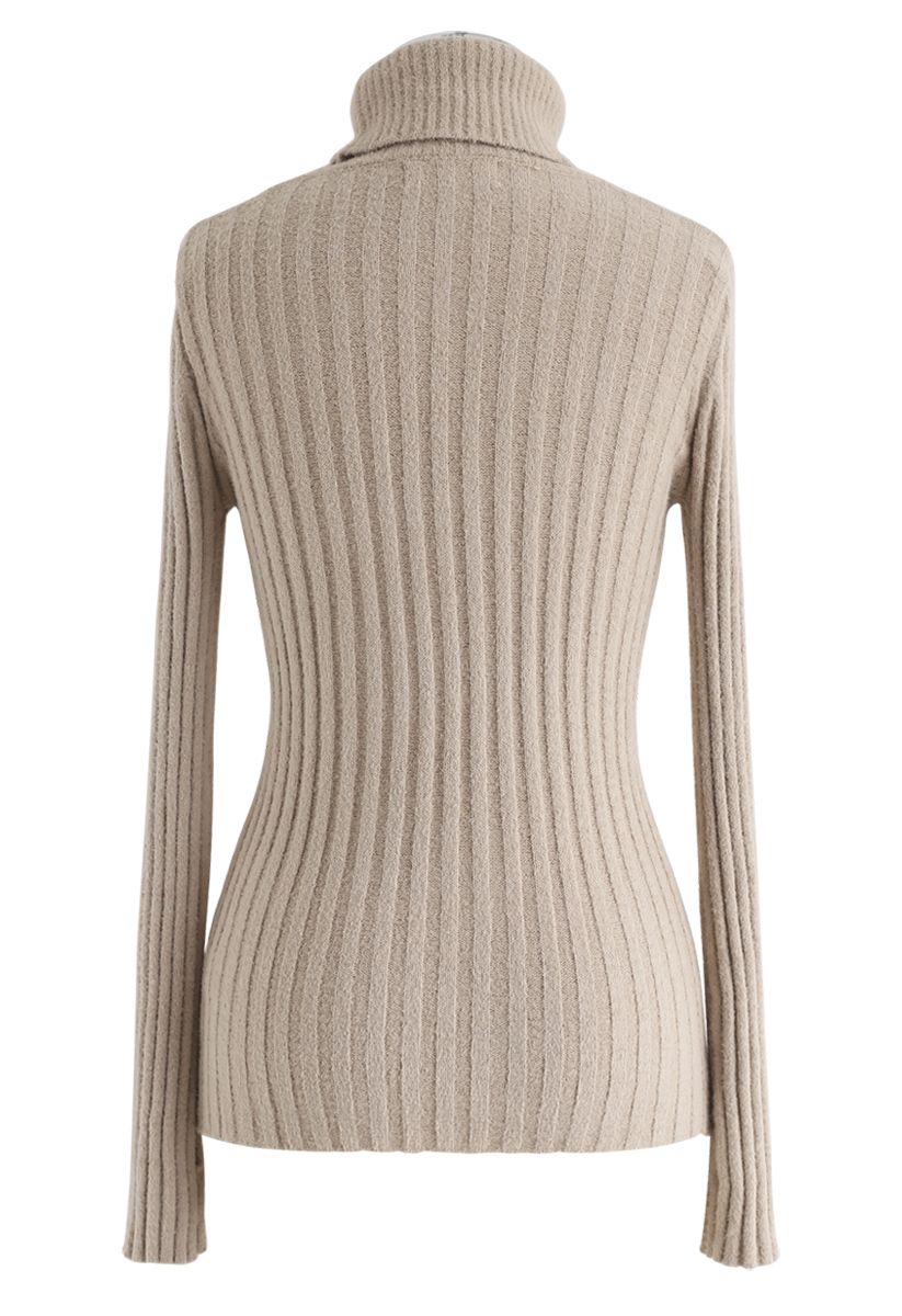 Fitted Turtleneck Fluffy Knit Sweater in Camel - Retro, Indie and ...