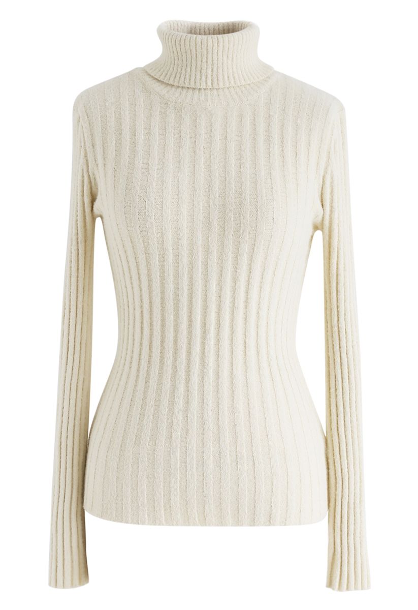 Fitted Turtleneck Fluffy Knit Sweater in Cream - Retro, Indie and ...