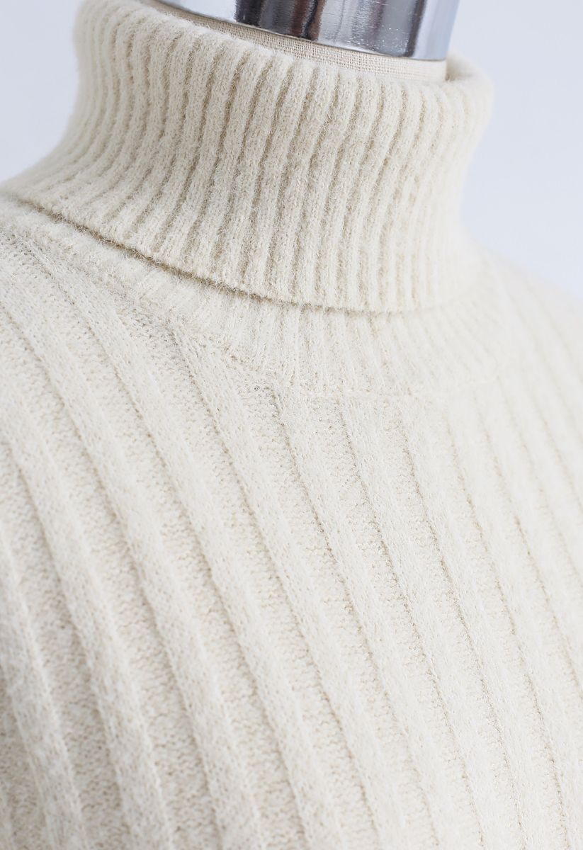 Fitted Turtleneck Fluffy Knit Sweater in Cream
